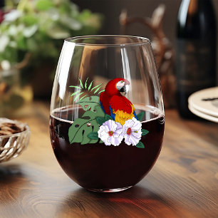 Red Macaw Parrot Tropical White Hibiscus Floral Stemless Wine Glass