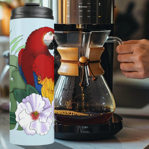 Red Macaw Parrot Tropical White Hibiscus Floral  Thermal Tumbler
