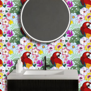 Red Macaw Parrot Tropical White Hibiscus Floral  Wallpaper