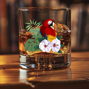 Red Macaw Parrot Tropical White Hibiscus Floral Whiskey Glass
