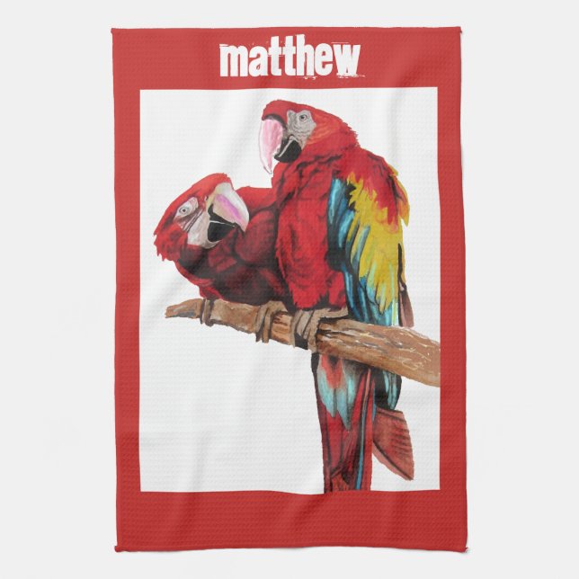 Red Macaw Parrots Parrot Bird Watercolour Kitchen  Tea Towel (Vertical)