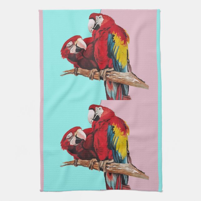 Red Macaw Parrots Watercolour Kitchen Aqua Pink Te Tea Towel (Vertical)