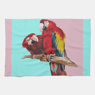Red Macaw Parrots Watercolour Kitchen Aqua Pink Tea Towel