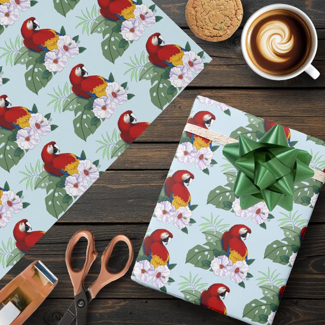 Red Macaw Tropical Bird Floral Parrot  Wrapping Paper (Creator Uploaded)