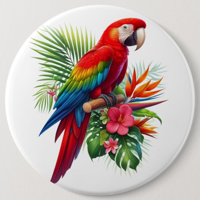 Red macaw tropical floral 6 cm round badge (Front)