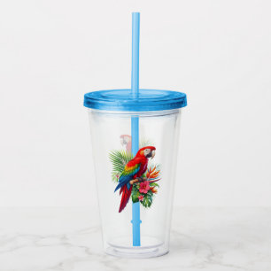 Red macaw tropical floral acrylic tumbler