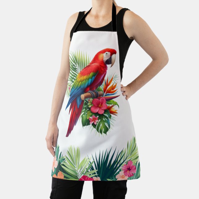 Red macaw tropical floral apron (Insitu)