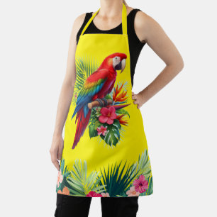 Red macaw tropical floral apron