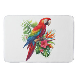 Red macaw tropical floral bath mat