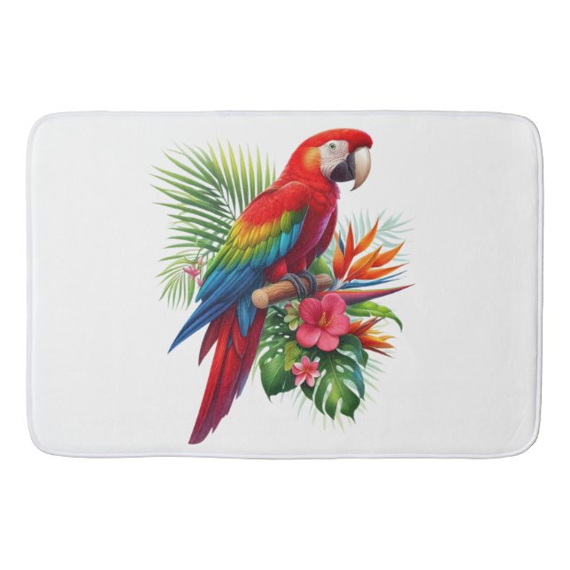 Red macaw tropical floral bath mat (Front)