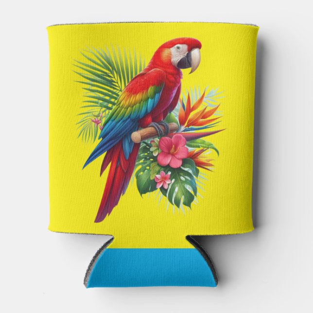 Red macaw tropical floral can cooler (Front)