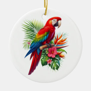 Red macaw tropical floral ceramic ornament