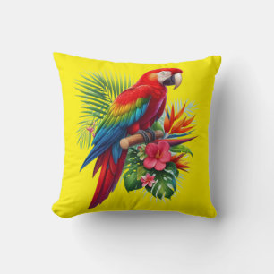 Red macaw tropical floral cushion