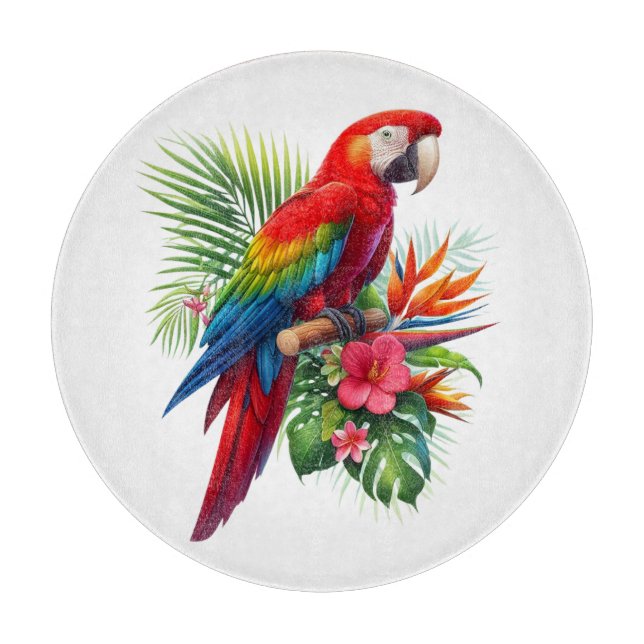 Red macaw tropical floral cutting board (Front)