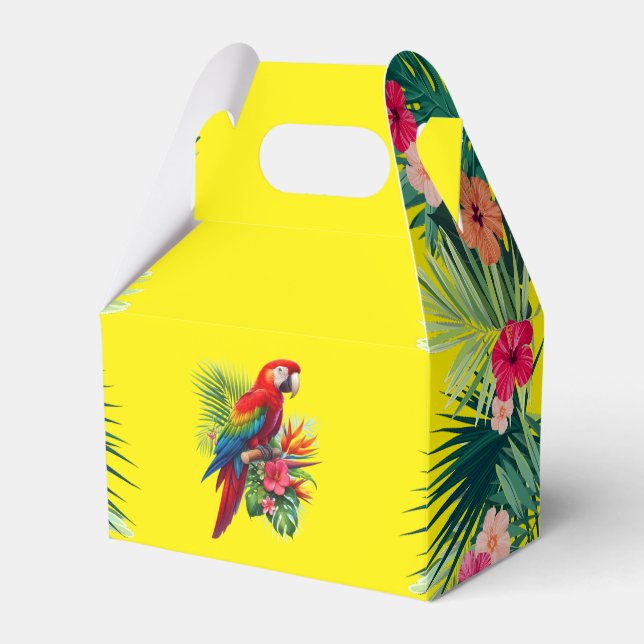 Red macaw tropical floral favour box (Front Side)