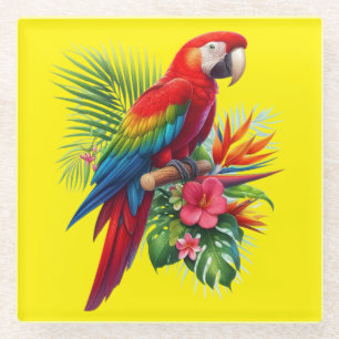 Red macaw tropical floral glass coaster