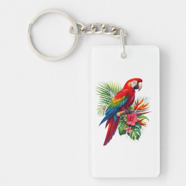 Red macaw tropical floral key ring (Front)