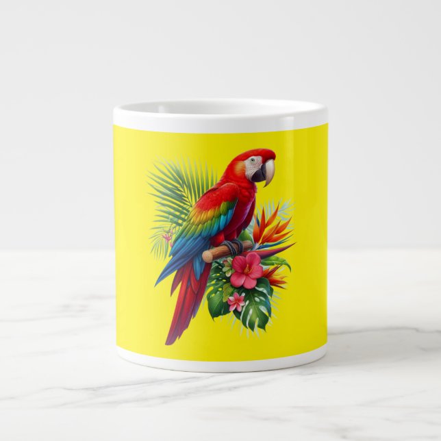 Red macaw tropical floral large coffee mug (Front)