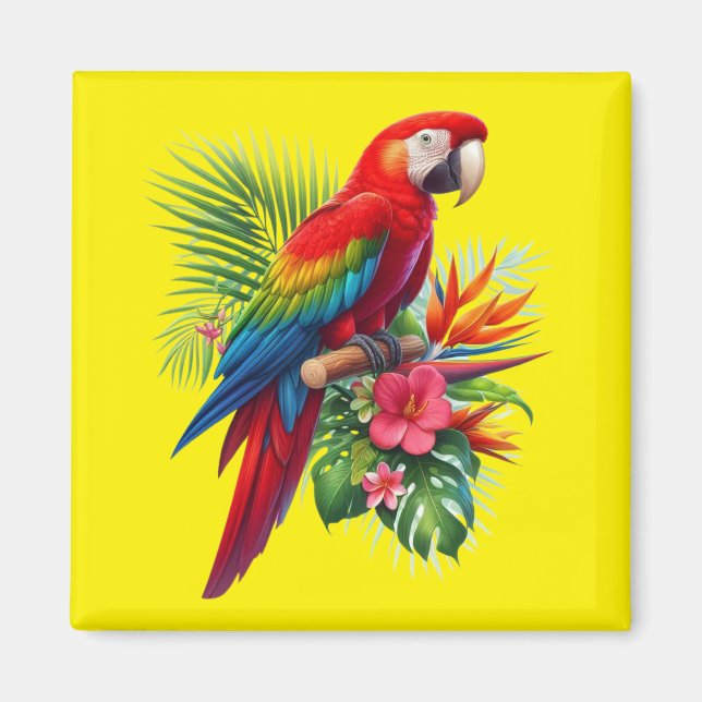 Red macaw tropical floral magnet (Front)
