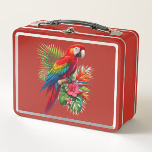 Red macaw tropical floral metal lunch box