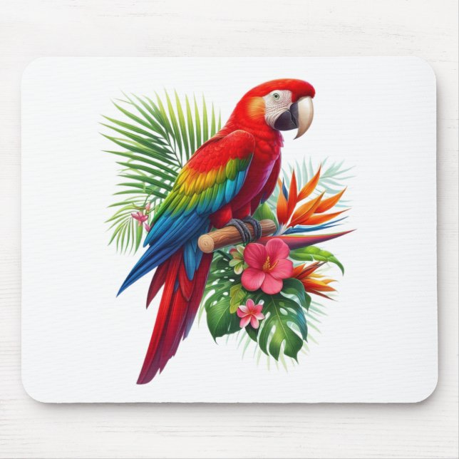 Red macaw tropical floral mouse pad (Front)