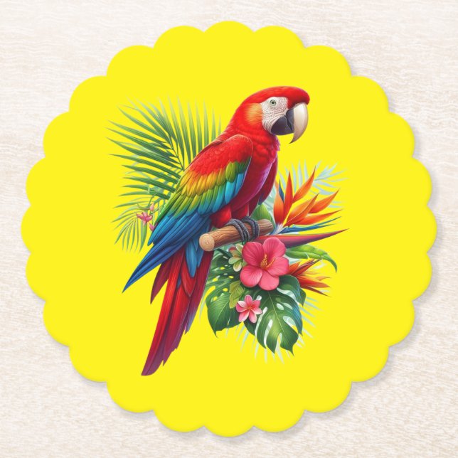 Red macaw tropical floral paper coaster (Front)