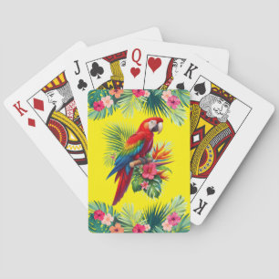 Red macaw tropical floral playing cards