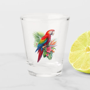 Red macaw tropical floral shot glass