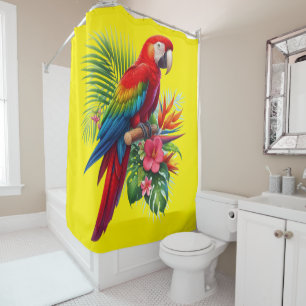 Red macaw tropical floral shower curtain