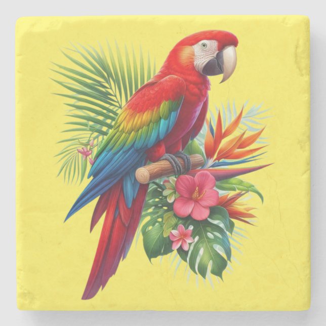 Red macaw tropical floral stone coaster (Front)