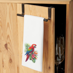 Red macaw tropical floral tea towel