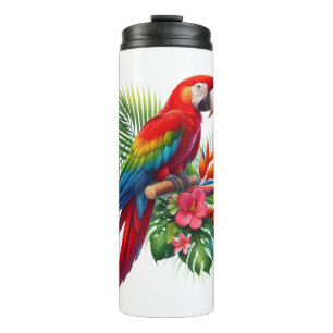 Red macaw tropical floral thermal tumbler