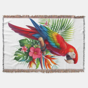 Red macaw tropical floral throw blanket