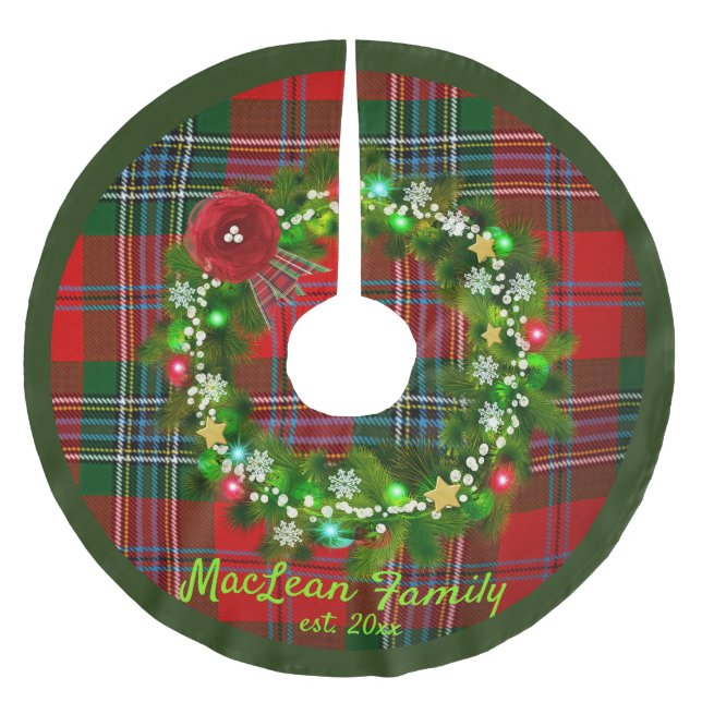 Red MacLean Tartan Wreath Family Name Tree Skirt (Front)
