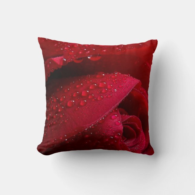 Red Macro Rose with Water Droplets Cushion (Front)