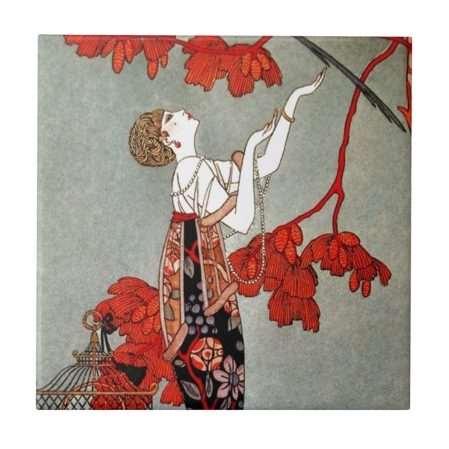 Red Madame Art Deco Design Ceramic Tile (Front)