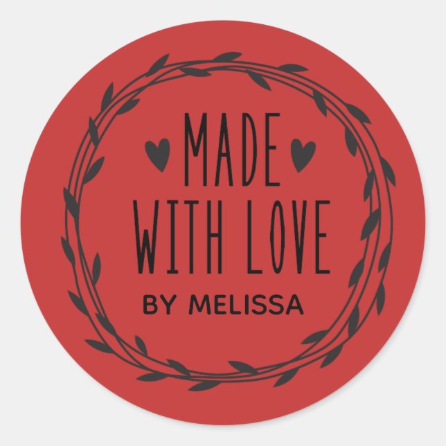 Red Made With Love Classic Round Sticker (Front)