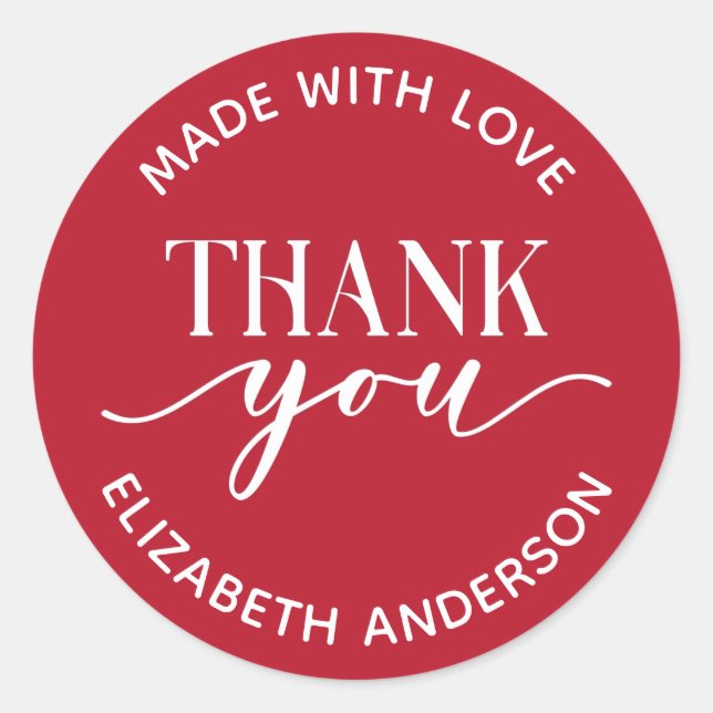 Red Made With Love Thank you Classic Round Sticker (Front)