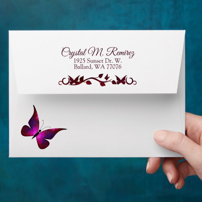 Red & Magenta Butterfly Envelope w/ Return Address (Hand)