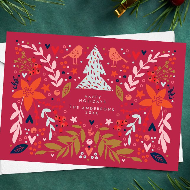 RED Magenta Floral Christmas Pretty Holiday Card (Creator Uploaded)