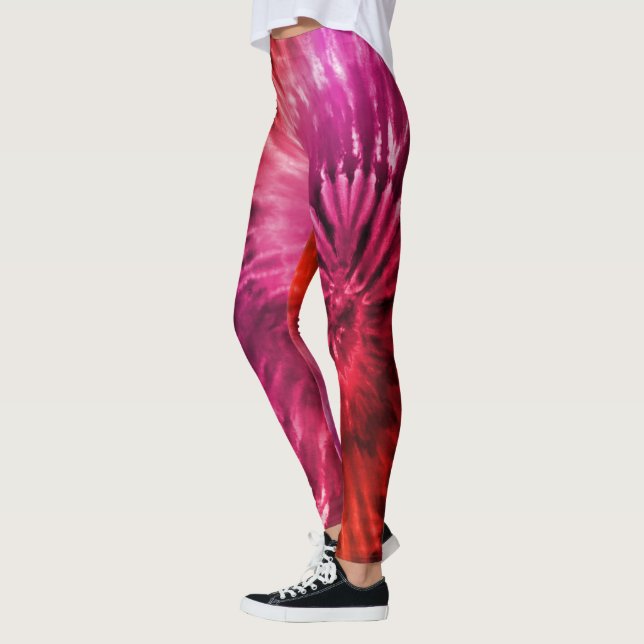 Red & Magenta Psychedelic Starburst Tie Dye Leggings (Left)
