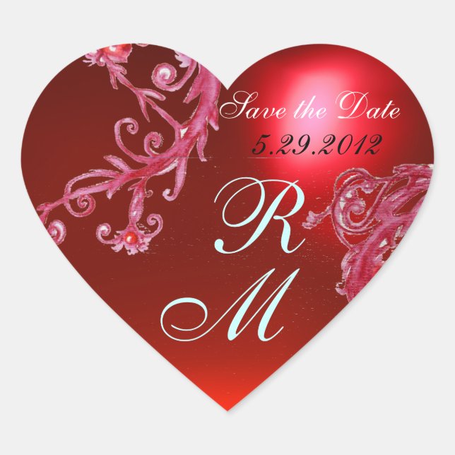 RED MAGIC BERRIES HEART MONOGRAM ,WEDDING PARTY HEART STICKER (Front)