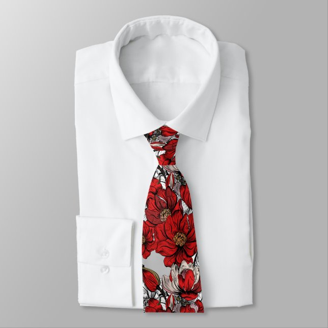 Red Magnolia Flower Vintage Pattern Tie (Tied)