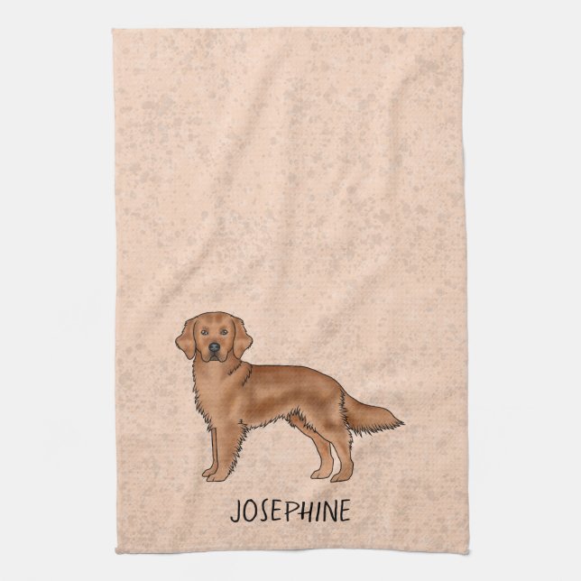 Red Mahogany Golden Retriever Dog With Custom Name Tea Towel (Vertical)