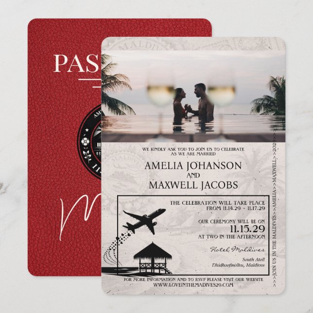 Red Maldives Passport Wedding Invitation (Front/Back)