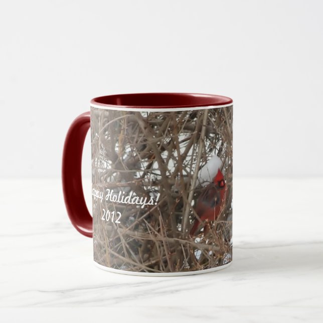 Red Male Cardinal in Winter Snow Mug (Front Left)
