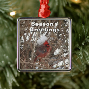 Red Male Cardinal Winter Snow Metal Ornament