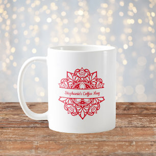 Red Mandala Art Personalized Name Coffee Mug