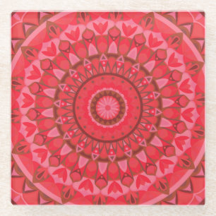 Red Mandala Boho Warm Pattern Elegant Table Decor Glass Coaster