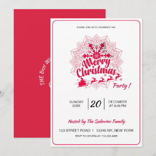 Red Mandala Snowflake & Santa Sleigh Christmas Invitation